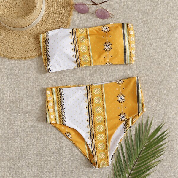 

Tribal Lace-up Back Bandeau Bikini Swimsuit, Orange