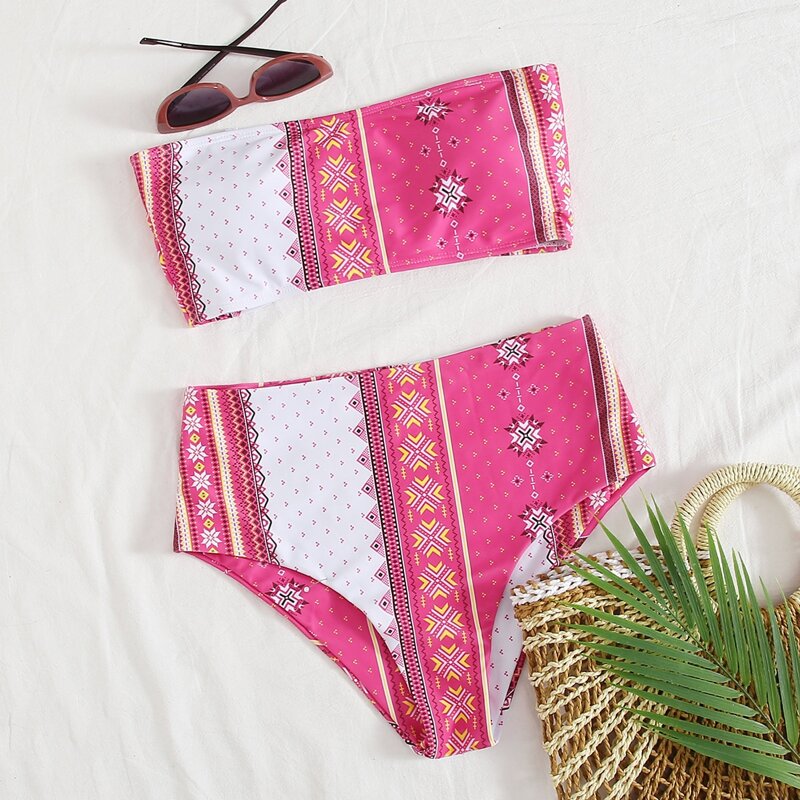 

Tribal Lace-up Back Bandeau Bikini Swimsuit, Pink