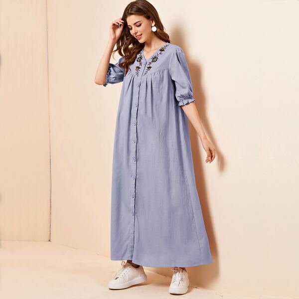 

Tribal Embroidered Puff Sleeve Button Front Dress, Baby blue