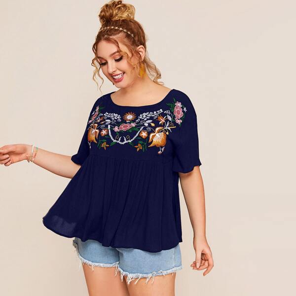

Plus Tribal Embroidered Smock Top, Navy blue