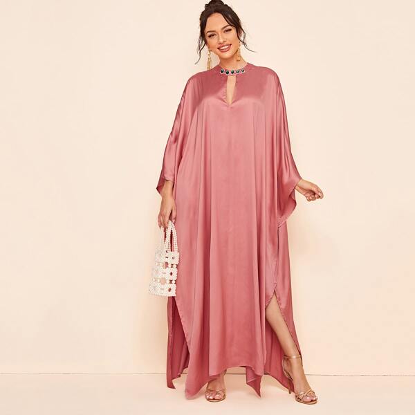 

Атласное платье со стразами и разрезом, Ржавный розовый