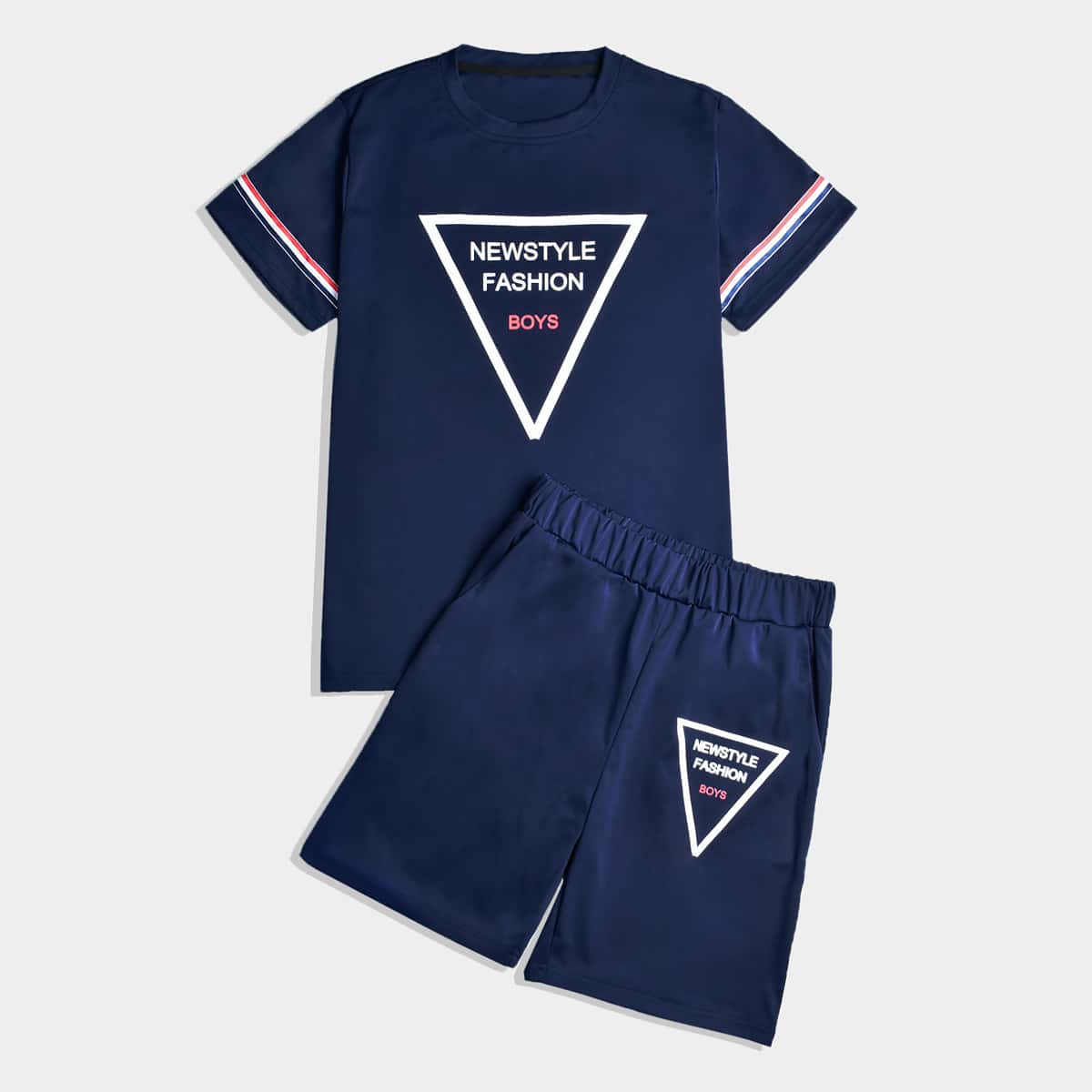 

Guys Slogan & Geo Print Tee With Track Shorts, Navy blue