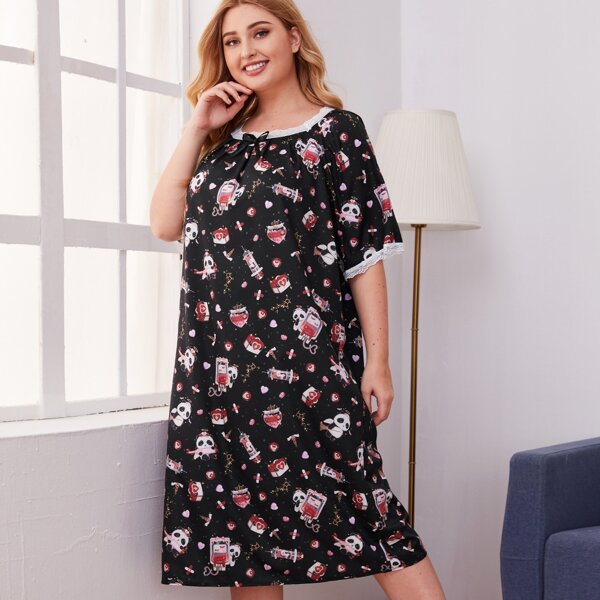

Plus Panda Graphic Contrast Lace Night Dress, Black