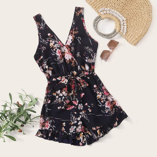 

Surplice Neck Self Belted Floral Romper, Multicolor