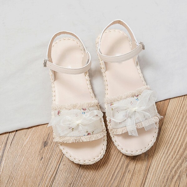 

Bow Decor Fringe Trim Ankle Strap Sandals, Beige
