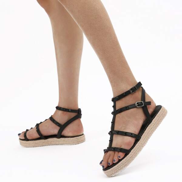

Rivet Decor Ankle Strap Sandals, Black
