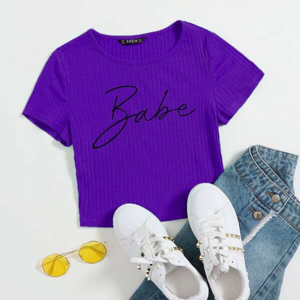

Letter Print Rib-knit Crop Top, Purple