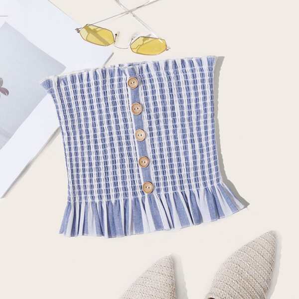 

Shirred Ruffle Trim Button Front Striped Tube Top, Blue
