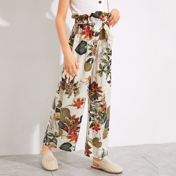 

Girls Paperbag Waist Belted Tropical Pants, Multicolor