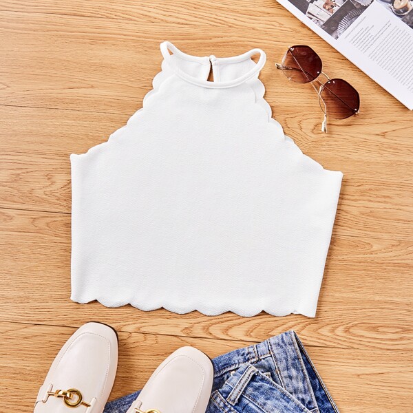 

Scallop Trim Solid Halter Top, White