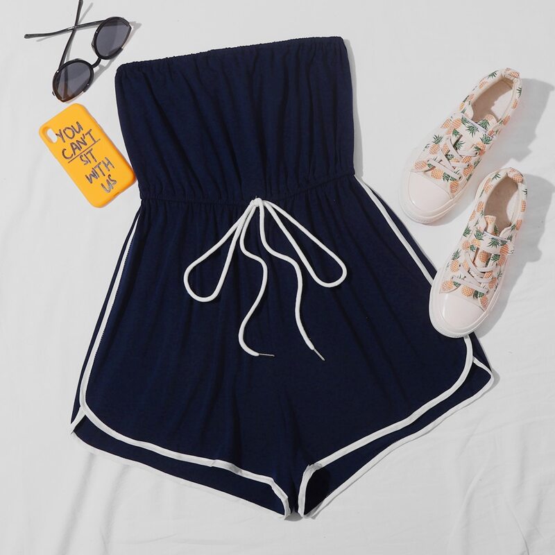 

Contrast Binding Knot Front Tube Romper, Navy