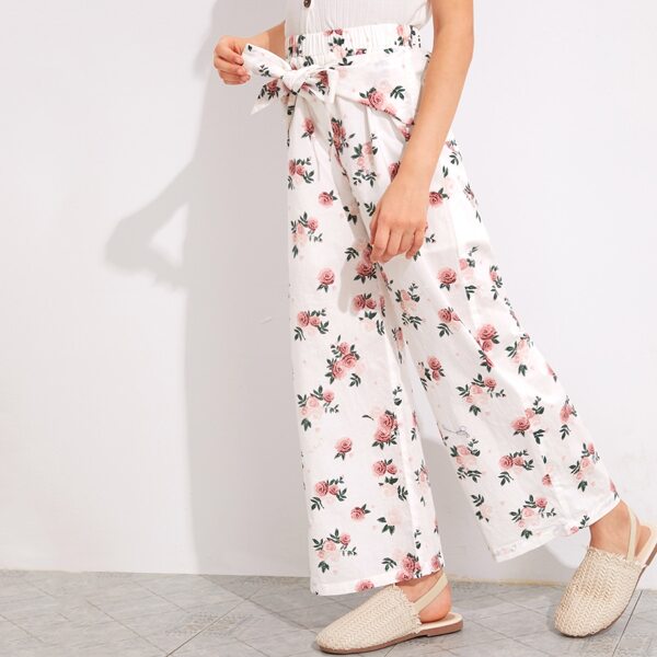 

Girls Tie Waist Floral Wide Leg Pants, White