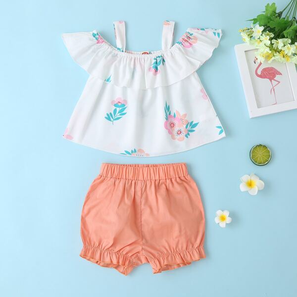 

Baby Girl Cold Shoulder Top With Shorts, Multicolor