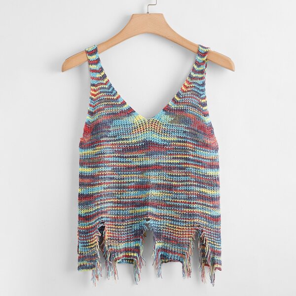 

Plus Frayed Hem Space Dye Knit Top, Multicolor