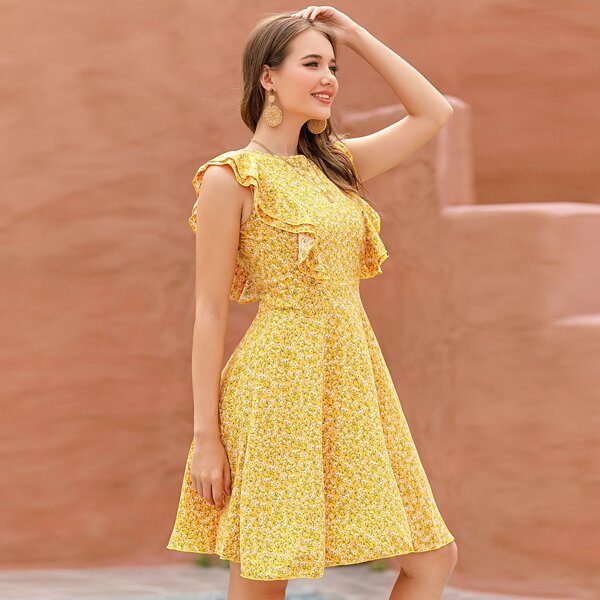 

Ditsy Floral Layered Ruffle Trim Dress, Yellow