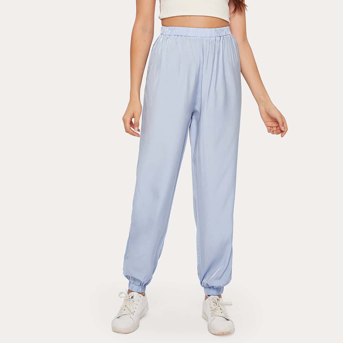 

Solid High Waist Joggers, Baby blue
