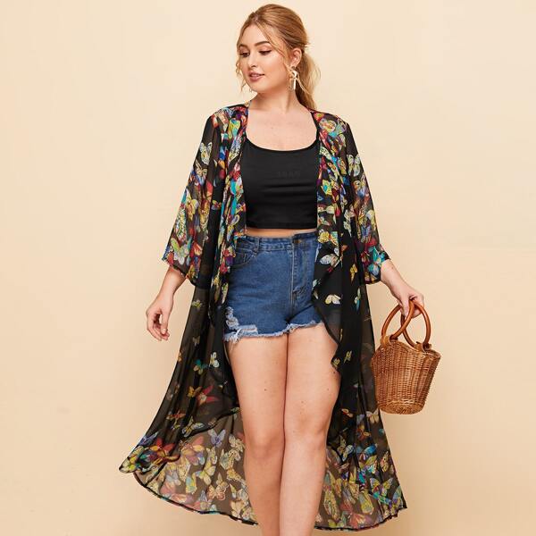 

Plus Butterfly Print Kimono, Black