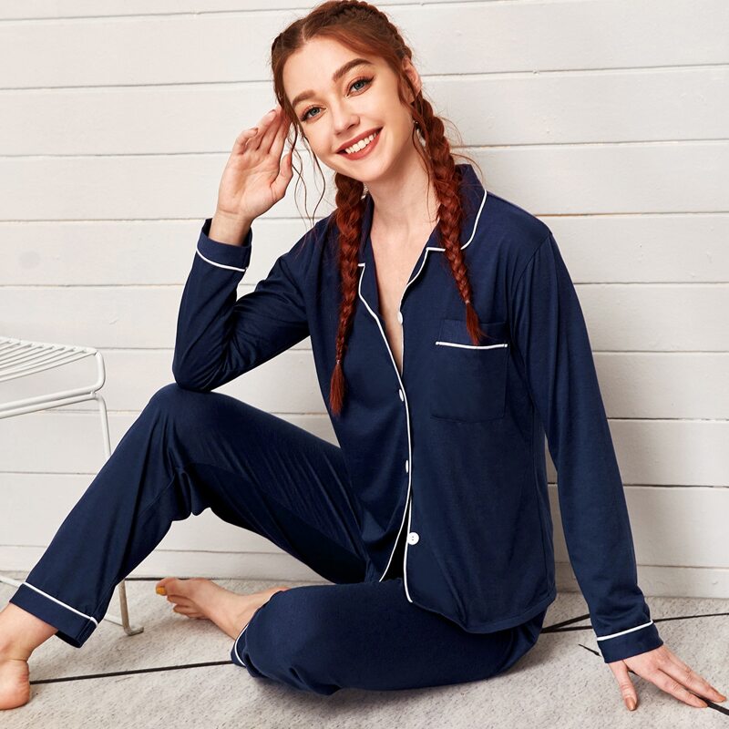 

Contrast Binding Pocket Front Lapel Neck PJ Set, Navy blue