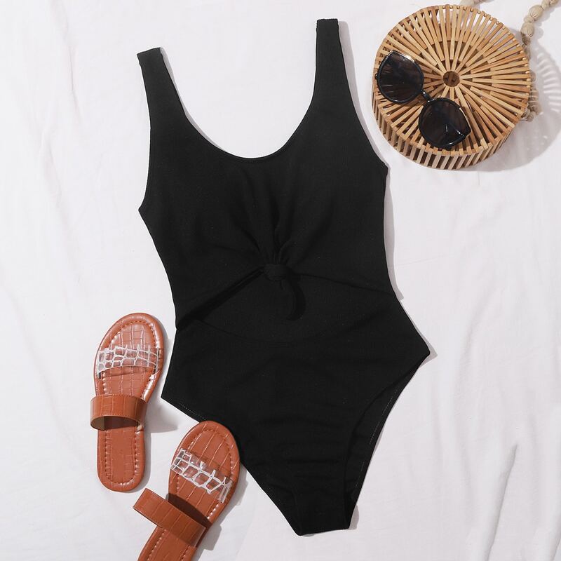 

Rib Cut-out Knot One Piece Swimsuit, Black