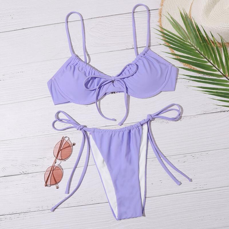 

Tie Front Underwire Tie Side Bikini Swimsuit, Pastel lilac purple