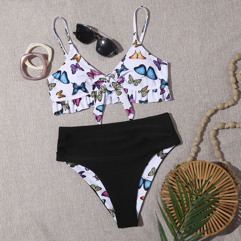 

Butterfly Print Knot Front Bikini Swimsuit, Multicolor