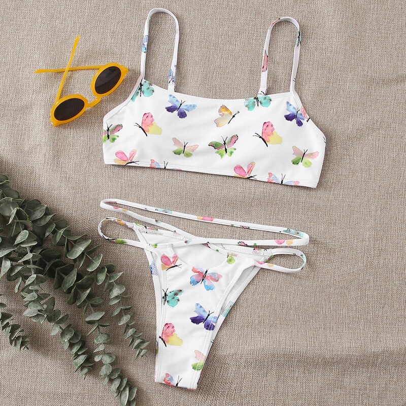 

Butterfly Print Cut-out Bikini Swimsuit, White