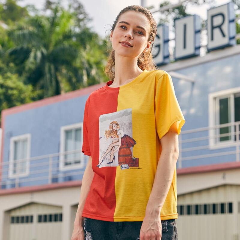 

ROMWE x valerie.sabban Colorblock Girl Graphic Tee, Multicolor