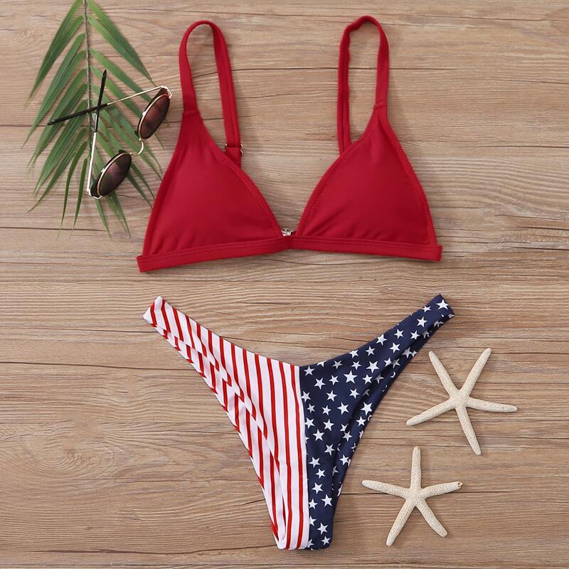 

American Flag Print Triangle Bikini Swimsuit, Multicolor