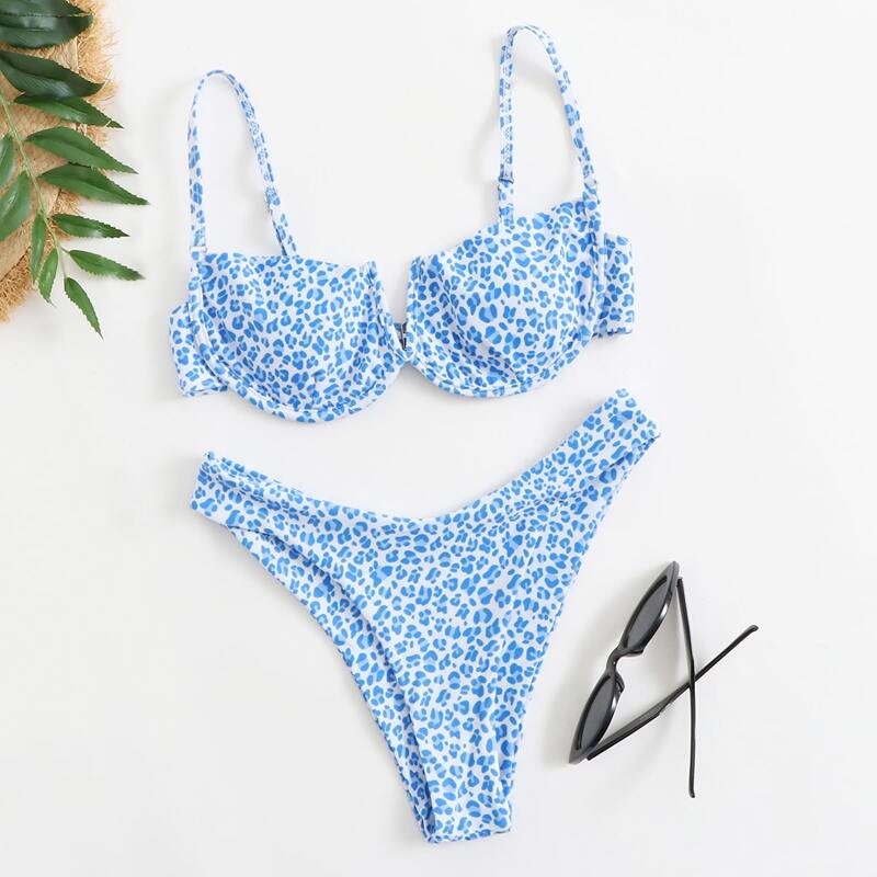 

Leopard V Wired Underwire Bikini Swimsuit, Pastel baby blue