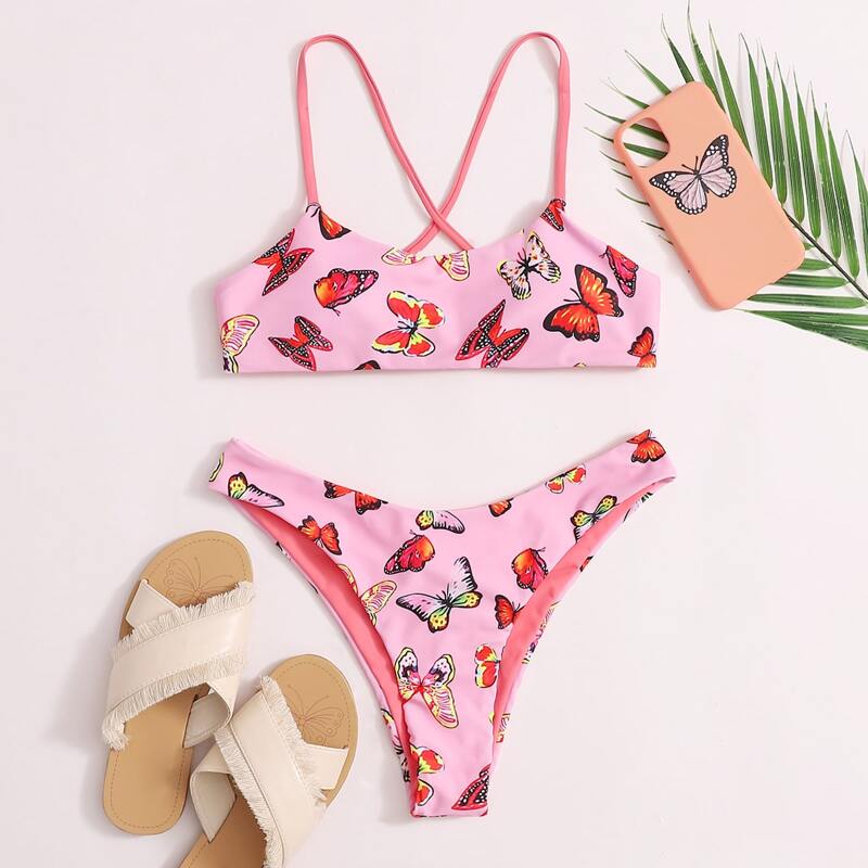 

Butterfly Print High Cut Bikini Swimsuit, Pink