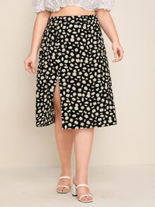 SHEIN Plus Daisy Floral Print Split Hem Skirt - Black - View 1