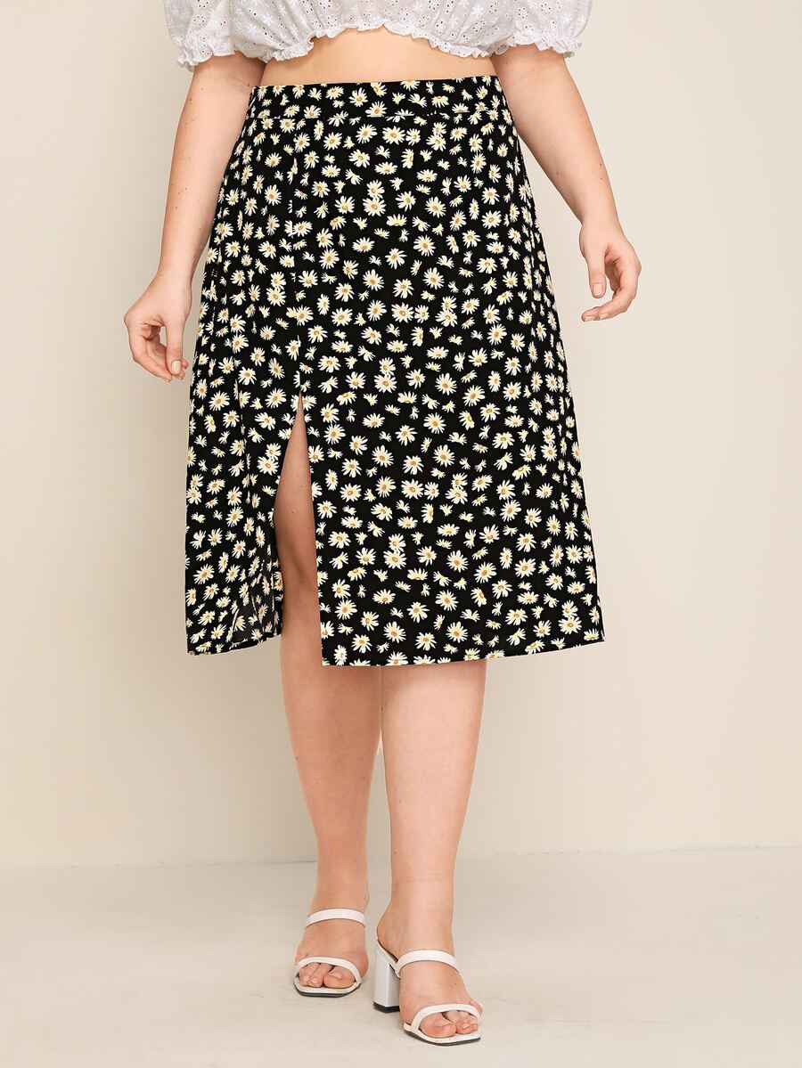 SHEIN Plus Daisy Floral Print Split Hem Skirt - Black - View 1
