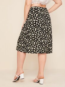 SHEIN Plus Daisy Floral Print Split Hem Skirt - Black - View 2