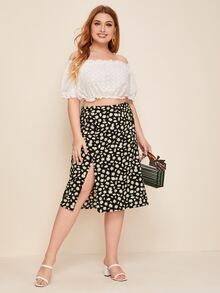 SHEIN Plus Daisy Floral Print Split Hem Skirt - Black - View 3