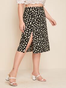 SHEIN Plus Daisy Floral Print Split Hem Skirt - Black - View 4