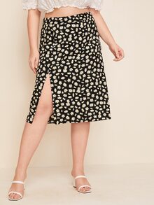 SHEIN Plus Daisy Floral Print Split Hem Skirt - Black - View 6
