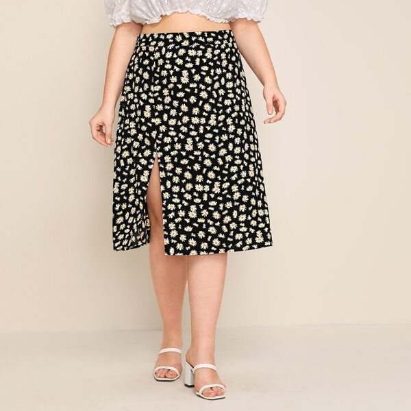 

Plus Daisy Floral Print Split Hem Skirt, Black