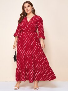 EMERY ROSE Plus Size Polka Dot Tiered Ruffled Dress - Burgundy - View 1