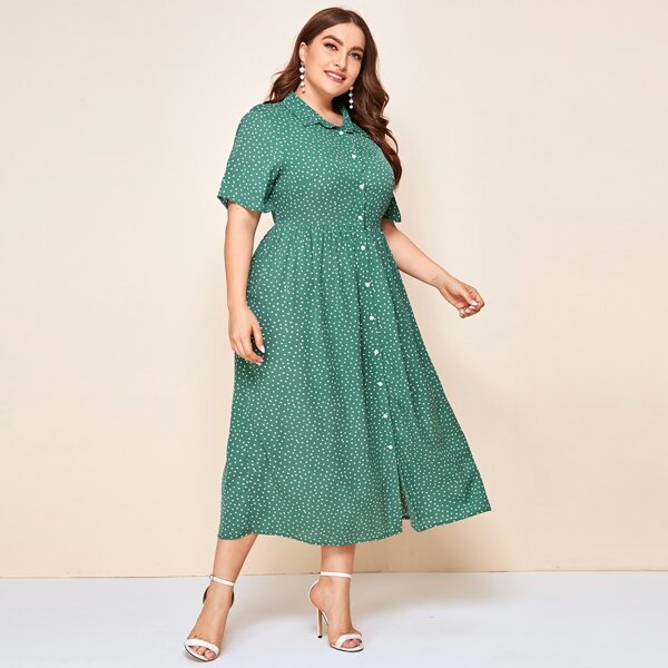 

Plus Polka Dot Button Front Shirt Dress, Green
