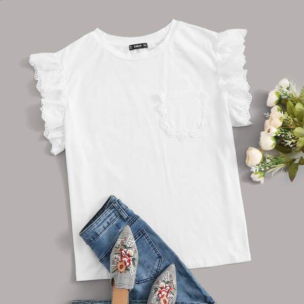 

Plus Guipure Lace Patch Pocket Top, White