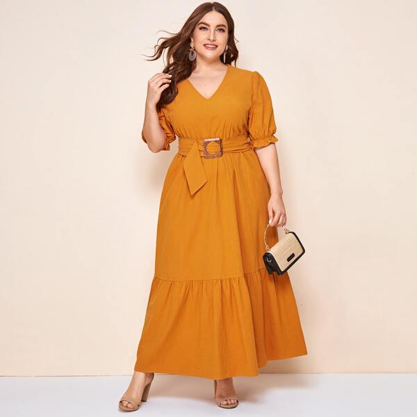 

Plus Half Sleeve Flounce Hem Belted Dress, Mustard yellow