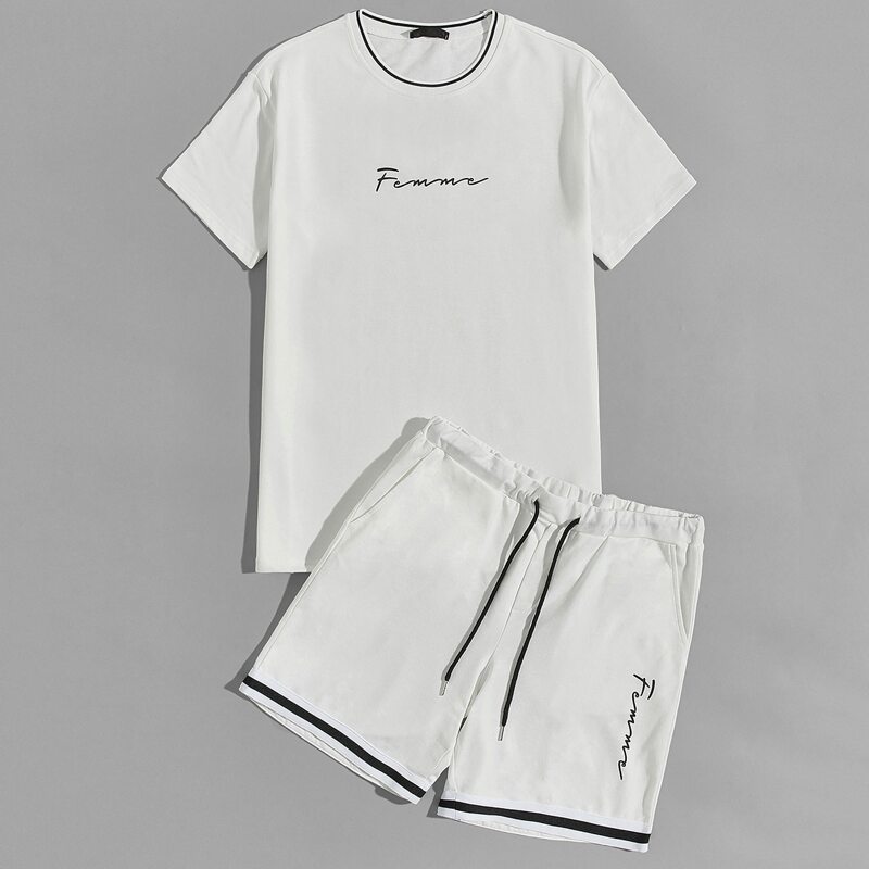 

Guys Striped Neck Letter Graphic Top & Shorts Set, White