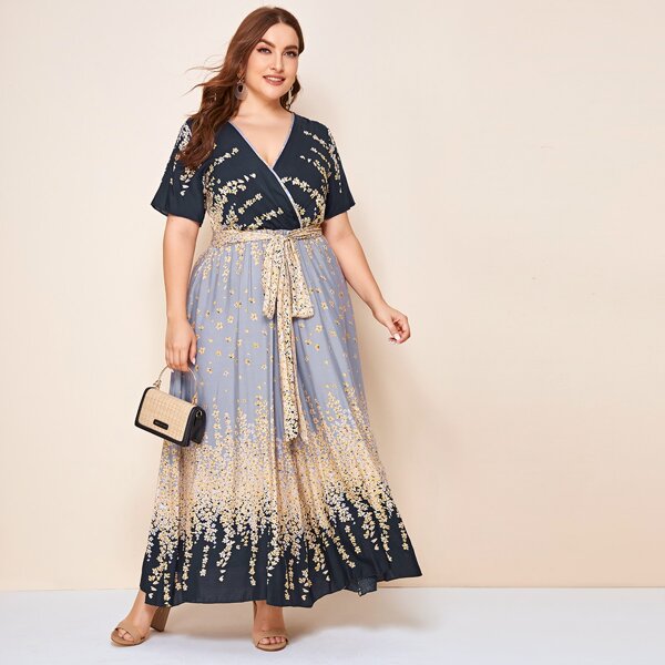 

Plus Belted Floral Print Ombre Maxi Dress, Multicolor