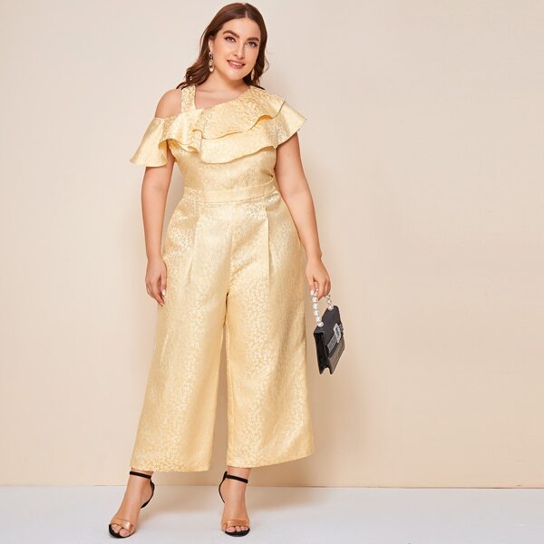 

Plus Asymmetrical Cold Shoulder Ruffle Detail Jacquard Palazzo Jumpsuit, Champagne