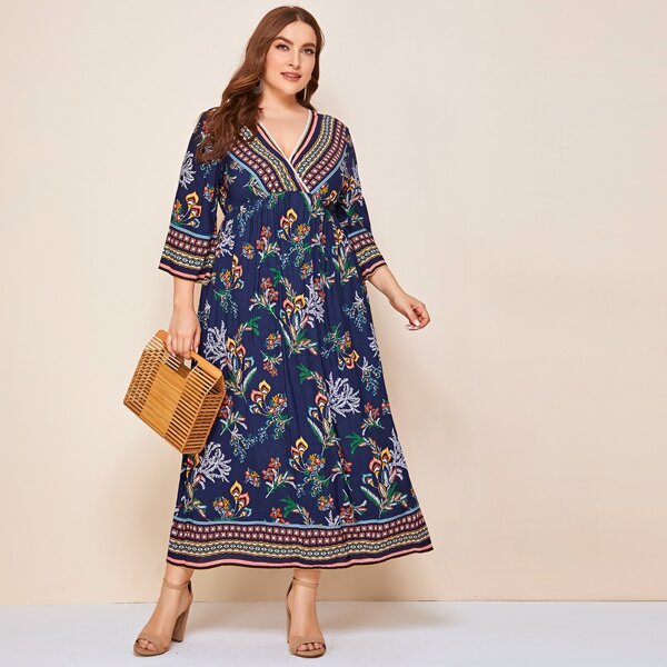 

Plus Surplice Neck Tribal Print Babydoll Dress, Navy blue