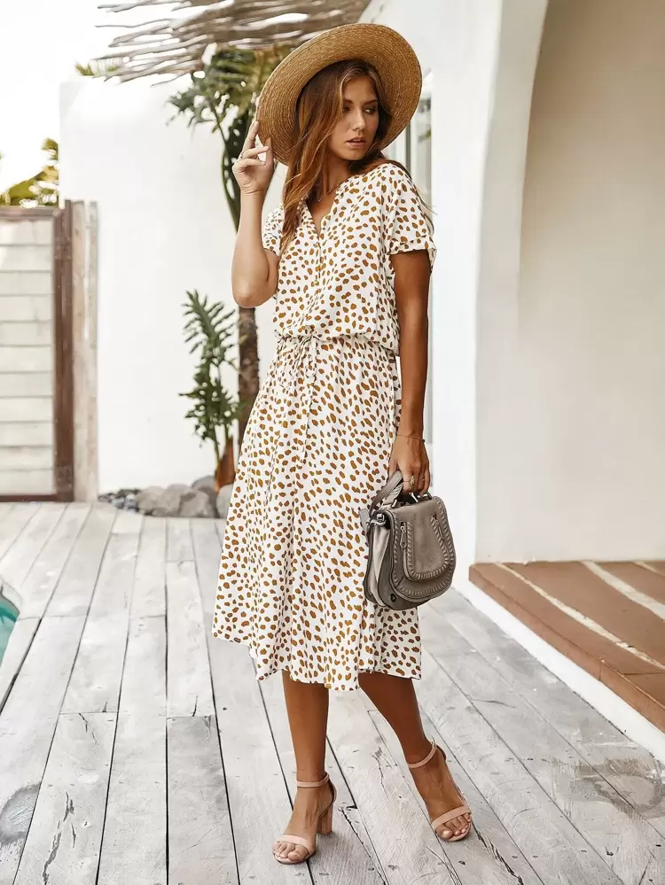 Dalmatian Print Drawstring Waist A-line Dress
