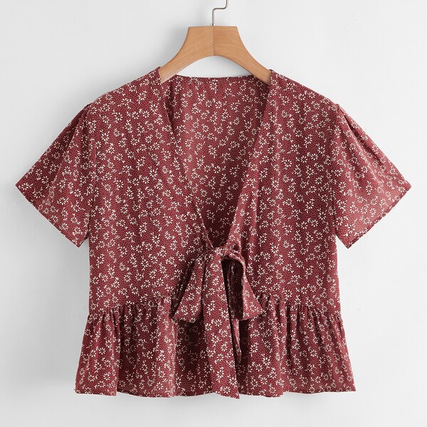 

Ditsy Floral Tie Front Top, Redwood
