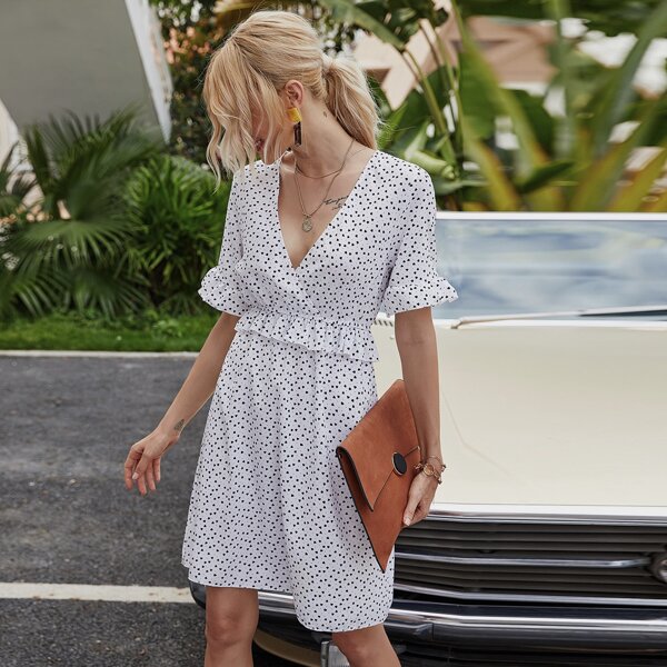 

Confetti Heart Print Flounce Sleeve Dress, White