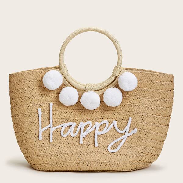

Letter & Pom-pom Decor Straw Tote Bag, Khaki
