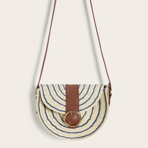 

Pin Buckle Flap Braided Crossbody Bag, Multicolor